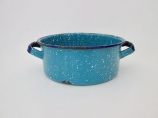 Vintage Speckled Blue White Navy Enamelware Small Handled Enamel Pot