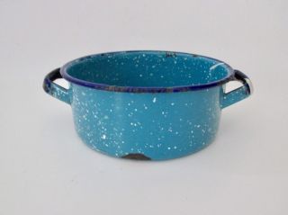 Vintage speckled blue white navy enamelware small handled enamel pot 2