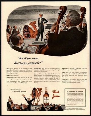 1943 Paul Jones Whiskey - Camel - Orchestra - Conductor - Beethoven Vintage Ad