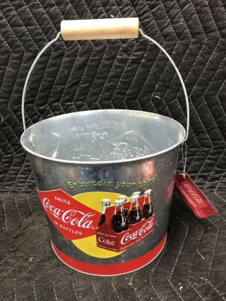 Nwt - Coca - Cola “entertain Your Thirst” Galvanized Metal Bucket With Wood Handle