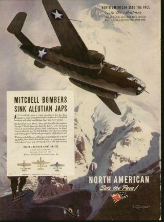 1940s Ad Print North American Mitchell Bombers Sink Aleutian Ad37b
