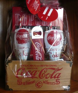 Coca - Cola Wood Crate Gift Set W/glasses,  Bottle Opener & Popcorn