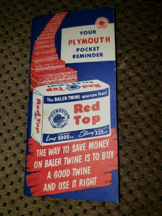 Vintage Advertising Red Top Baler Twine Plymouth Pocket Reminder Notebook 1958