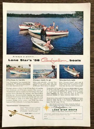 1958 Lone Star Carefreedom Boats Print Ad Coronado El Dorado Nassau Skylark Etc
