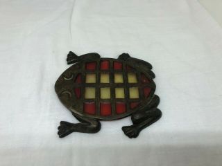 Vintage Cast Iron Metal Stained Glass Trivet Frog 5 1/4 " X 5 "