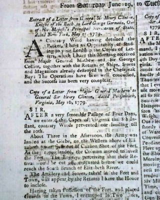 Burning Of Norfolk & Portsmouth By British Revolutionary War 1779 Old Newspaper