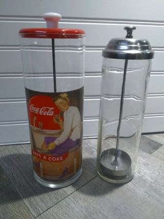 Vintage Coca - Cola Glass Straw Holder Dispenser Have A Coke 80s W/extra Dispenser