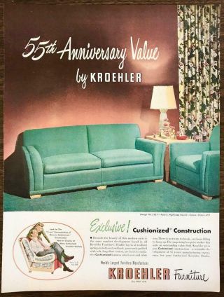1948 Kroehler Furniture Print Ad 55th Anniversary Value Blue Green Sofa & Chair