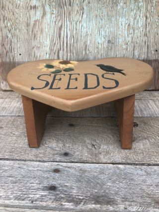 Vintage Primitive Painted Heart Stool With Sunflower