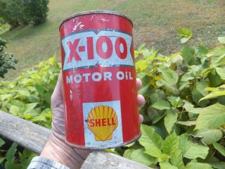 Vintage Shell X - 100 Motor Oil 1 Quart Oil Tin Can - No Top