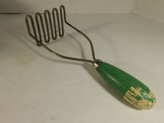 Vintage Potato Masher Green Wooden Handle 10 