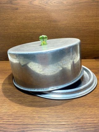 Vintage 1950’s Glass Cake Plate With Aluminum Cover And Green Glass Knob
