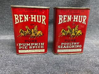 2 Vintage Ben - Hur Metal 2 Oz Spice Tins Poultry Seasoning & Pumpkin Pie Spice
