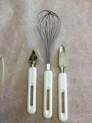 Vintage Bonny Can Opener,  Parer - Corer & Wire Whisk - With White Handles
