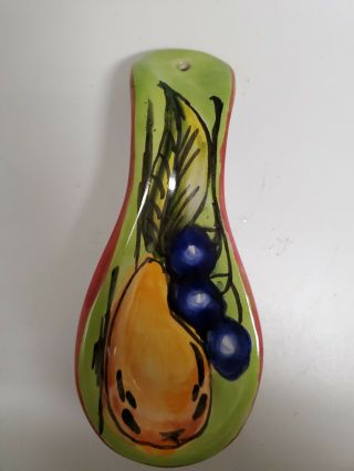 Ceramic Pottery Spoon Rest Holder Pear & Grapes - Art Hand Painted From Mexico