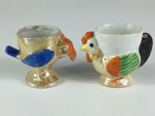 2 Vintage Lusterware Egg Cups Rooster & Chicken Gold Made In Japan