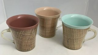 Set Of 3 Vintage Mid Century Raffia Ware Coffee Mugs Cups Burlap Straw Melamine