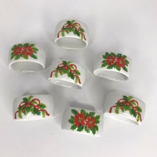Mixed Set Of 7 Christmas Napkin Rings White Poinsettias Holly & Bows Porcelain