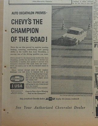 1957 Newspaper Ad For Chevrolet - Auto Decathlon Proves Champion Of The Road