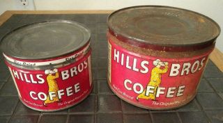 Two Antique Vintage Hills Bros Coffee Cans Tins - Half Pound And One Pound
