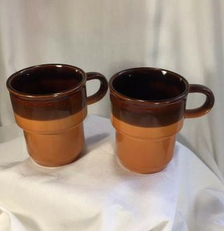 Vintage Mid - Century Modern 1960s Orange Brown Stoneware Mugs Japan