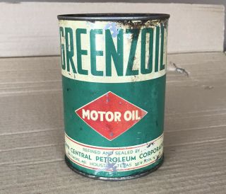 Vintage Greenzoil 1 Quart Motor Metal Oil Can - Gas Station - Auto
