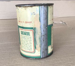Vintage Greenzoil 1 Quart Motor Metal Oil Can - Gas Station - Auto 2
