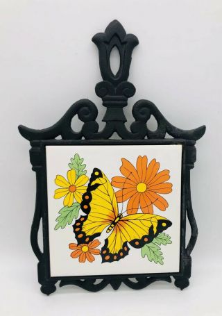 Butterfly Flower Ceramic Trivet Cast Iron Vintage Floral Wall Decor