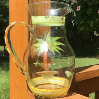 Hand Painted Glass Pitcher With Palm Tree Design - Handpainted Tropical Pitcher