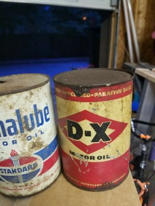 3 Old Quart Oil Cans Early Red D - X Standard Oil Permalube and Quaker State 2