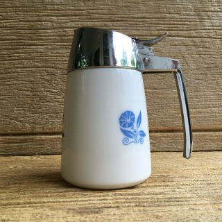 1959 Dripcut Santa Barbara Calif.  Syrup Dispenser Milkglass Cornflower Blue Jar