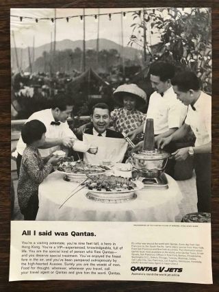 1964 Qantas Airline V Jets Print Ad Floating Village Aberdeen Hong Kong