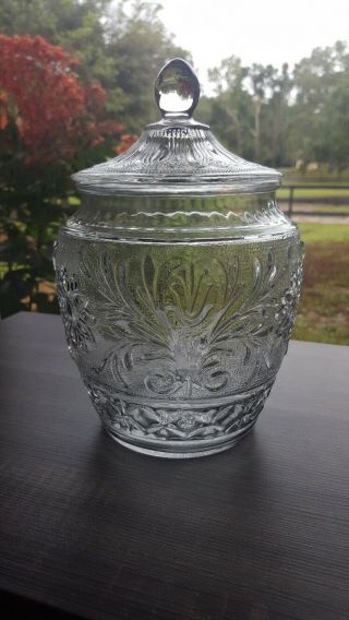 Vintage Anchor Hocking Daisy Clear Glass Biscuit Cookie Jar With Lid