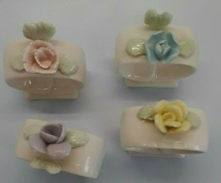 Vintage Collectible Ardalt Floral Bone China Napkin Rings Pink Blue Yellow Set 4