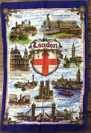 Vintage 1960s British Linen Tea Towel - London Monuments - Made In Britain A14