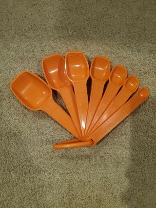 Vintage Set Of 7 Orange Tupperware Measuring Spoons Complete W/ring Nesting