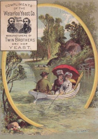 1885 Calendar Victorian Trade Card Twin Brothers Dry Hop Waterloo Yeast Fishing