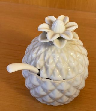 Vintage White Ceramic Pineapple Sugar Bowl Jam Jar With Lid And Spoon