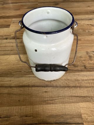 Vintage White Enamel Ware Bucket With Blue Rim And Handle Antique Pot/ Pail
