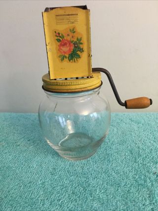 Vtg Yellow Nut Chopper Kitchen Grinder Anchor Hocking Glass Jar W/wood Handle
