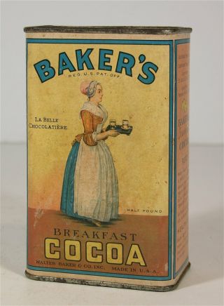 C1920 Walter Baker Chocolate Tin Product Package 1/2 Pound Breakfast Cocoa Full