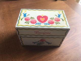 Vintage Tin Recipe Box - Ohio Art Co - Folk Art Metal - Hearts And Flowers