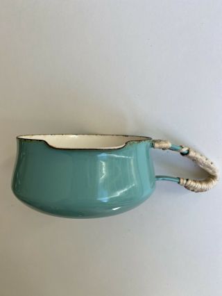Vintage Dansk Koben Style Turquoise Enamel Sauce Pan With Woven Handles