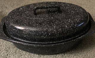 Small Black Speckled Enamel Oval Roasting Pan With Lid & Rack 14 " X 10 "