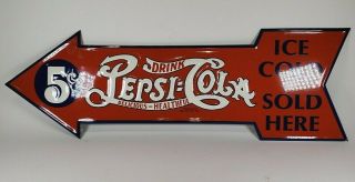 5c Drink Pepsi Cola Ice Cold Here Metal Arrow Sign Embossed Advertising