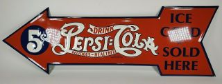 5c Drink Pepsi Cola Ice Cold Here Metal Arrow Sign Embossed Advertising 2