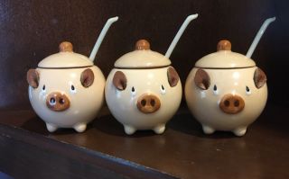 Three Small Ceramic Pig Style Containers W/lids & Spoons.  From Lefton