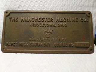 Vintage Brass The Manchester Machine Co.  Middletown,  Ohio Plaque Sign
