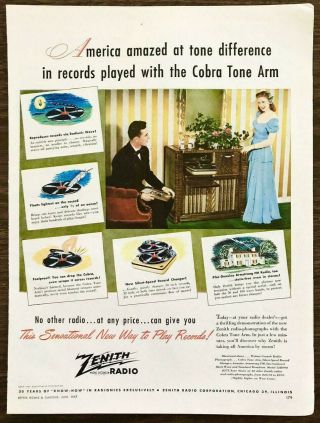 1947 Zenith Radio Phonograph Print Ad Tone Difference Cobra Arm