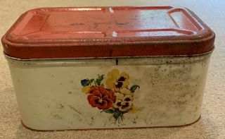 Antique Vintage Metal Pansies Bread Box National Can Corp.  Red Hinge Lid